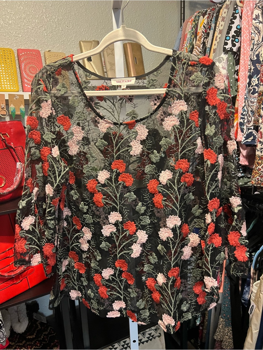 Solitaire Black Mesh Floral Embroidered Blouse with Red & Pink Flowers